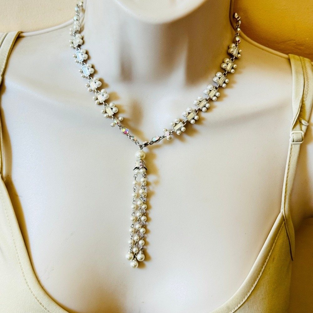 Givenchy Chandelier Necklace Aurora Borealis Crystal Rhinestone Pearl Tassel 18" - Picture 2 of 6